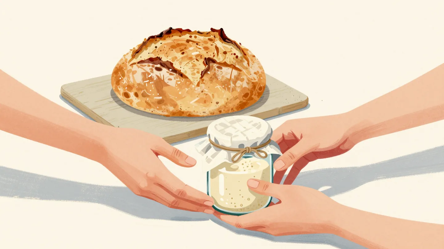 Two hands passing a jar of sourdough starter across a counter, a loaf from it cooling behind