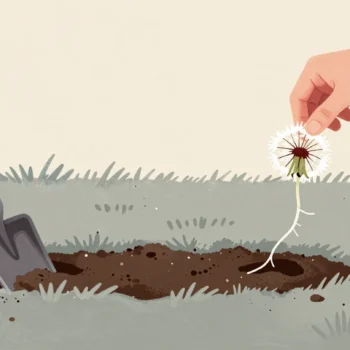 A hand pulling a dandelion from a lawn with its whole long root intact