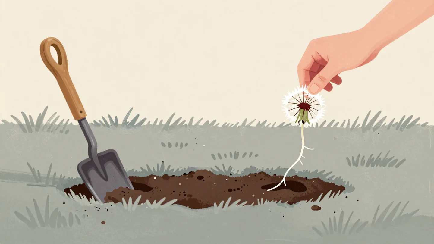 A hand pulling a dandelion from a lawn with its whole long root intact