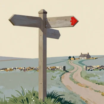 A blank wooden fingerpost on a moor, one arm pointing to the stone footings of a vanished cottage