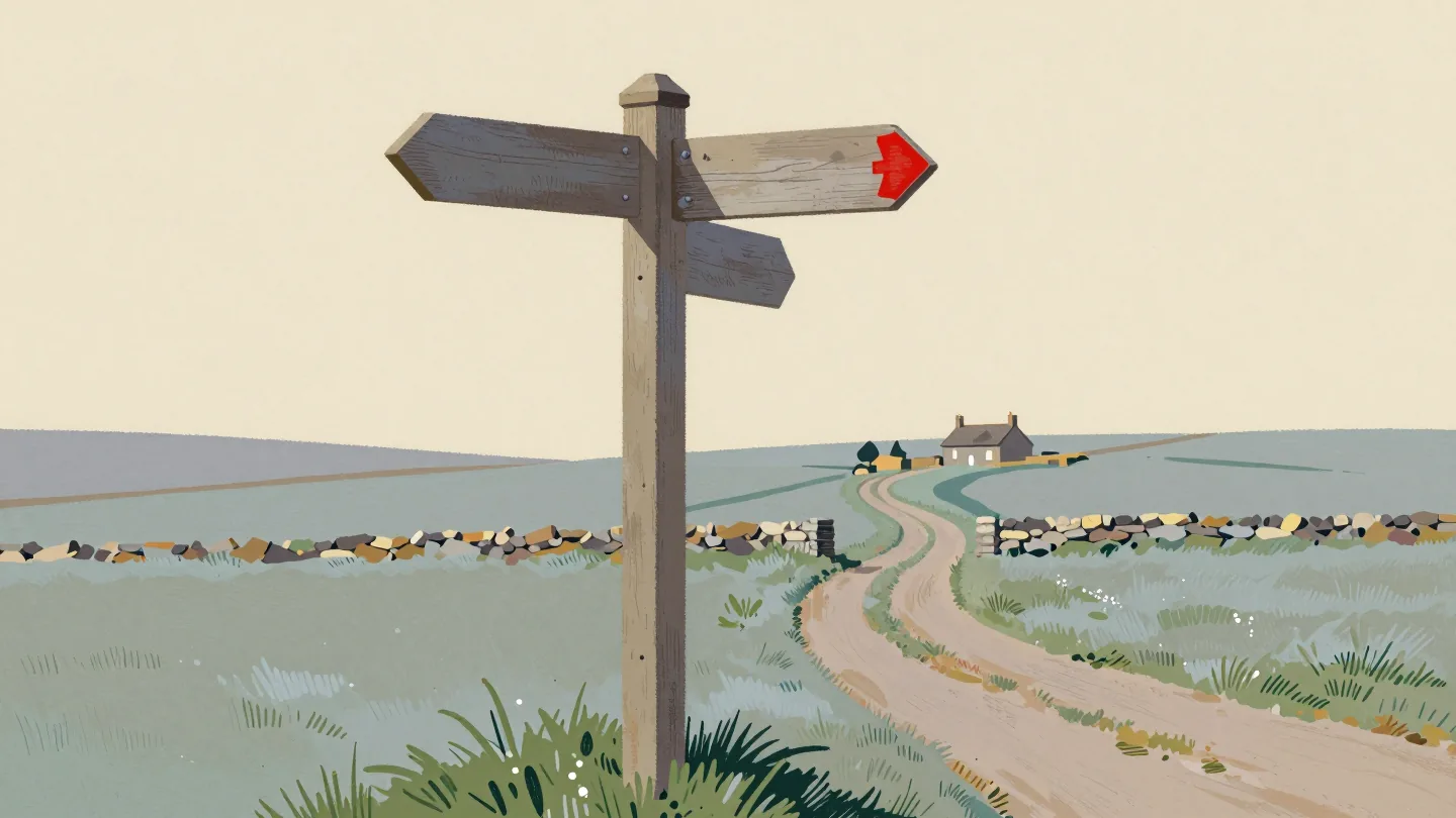 A blank wooden fingerpost on a moor, one arm pointing to the stone footings of a vanished cottage