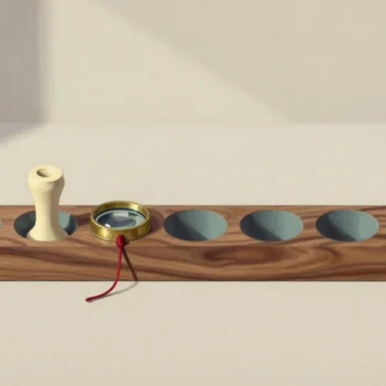 A walnut rail with round recesses and one cream peg beside a brass magnifying glass tied with red cord.