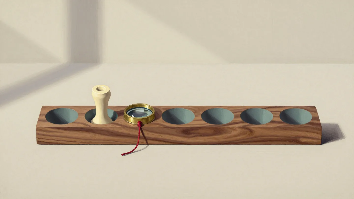 A walnut rail with round recesses and one cream peg beside a brass magnifying glass tied with red cord.