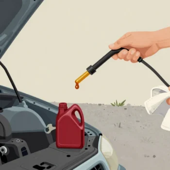 A hand holding up an oil dipstick over an open car engine, a rag in the other hand, a red oil can unopened on the gravel