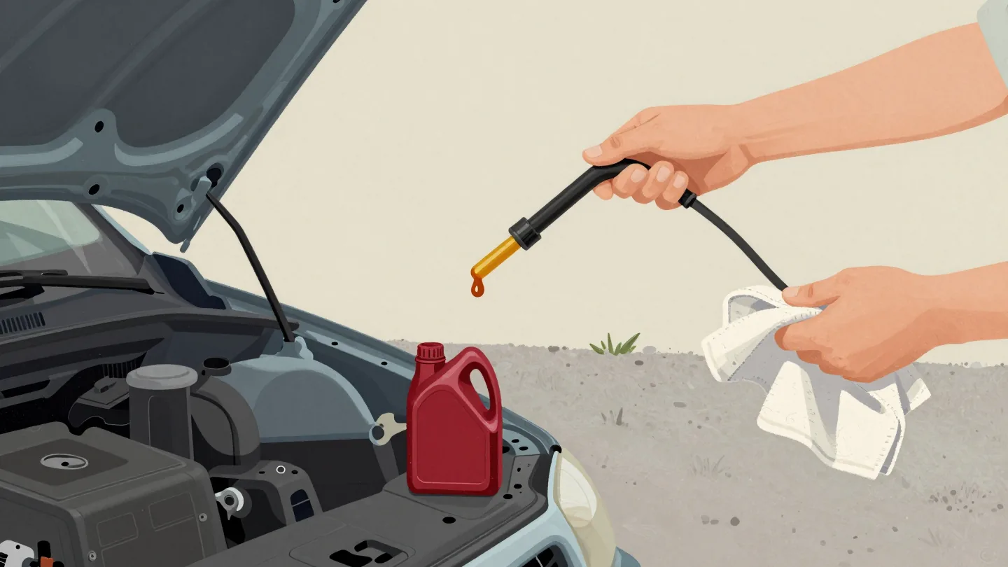 A hand holding up an oil dipstick over an open car engine, a rag in the other hand, a red oil can unopened on the gravel