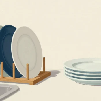 Clean plates wait on a drying rack beside a stack ready to put away