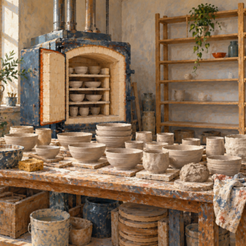A kiln is ready but unfinished pottery crowds the available workbench