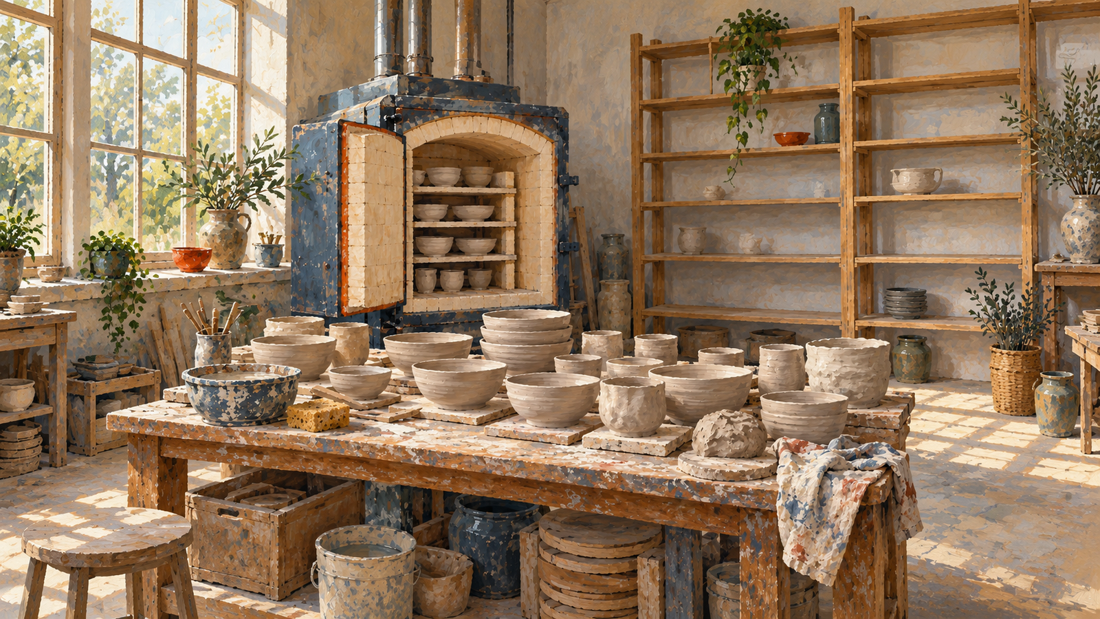 A kiln is ready but unfinished pottery crowds the available workbench