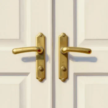 Two facing doors have paired brass handles, suggesting two interpretations of the same enclosure
