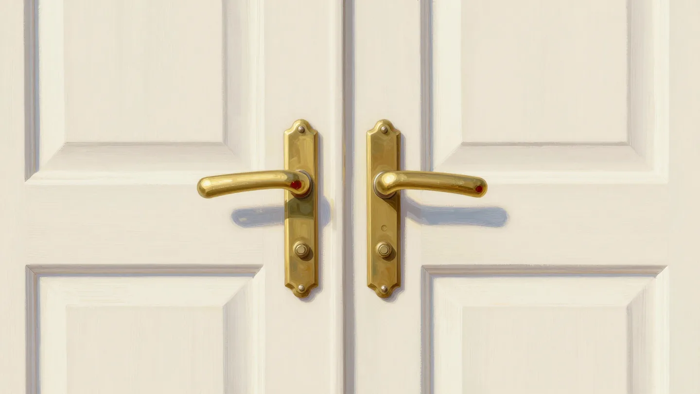 Two facing doors have paired brass handles, suggesting two interpretations of the same enclosure