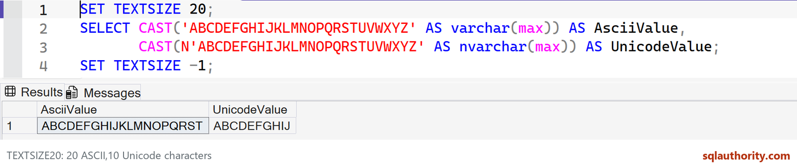Complete SET TEXTSIZE 20 query with twenty ASCII letters and ten Unicode letters returned in the native SSMS grid