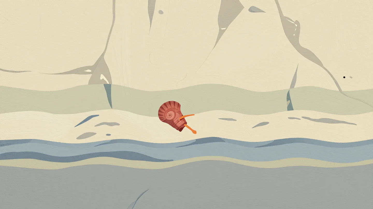 A layered sea cliff with one red fossil shell set in the middle band and a hand pointing to it