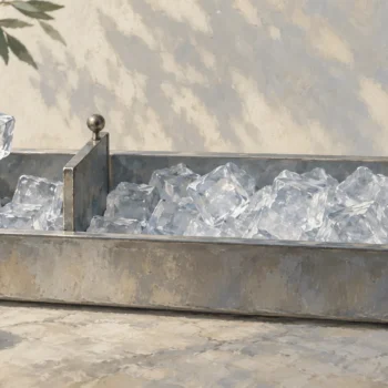 Ice tongs lifting a cube from one side of a fixed trough divider