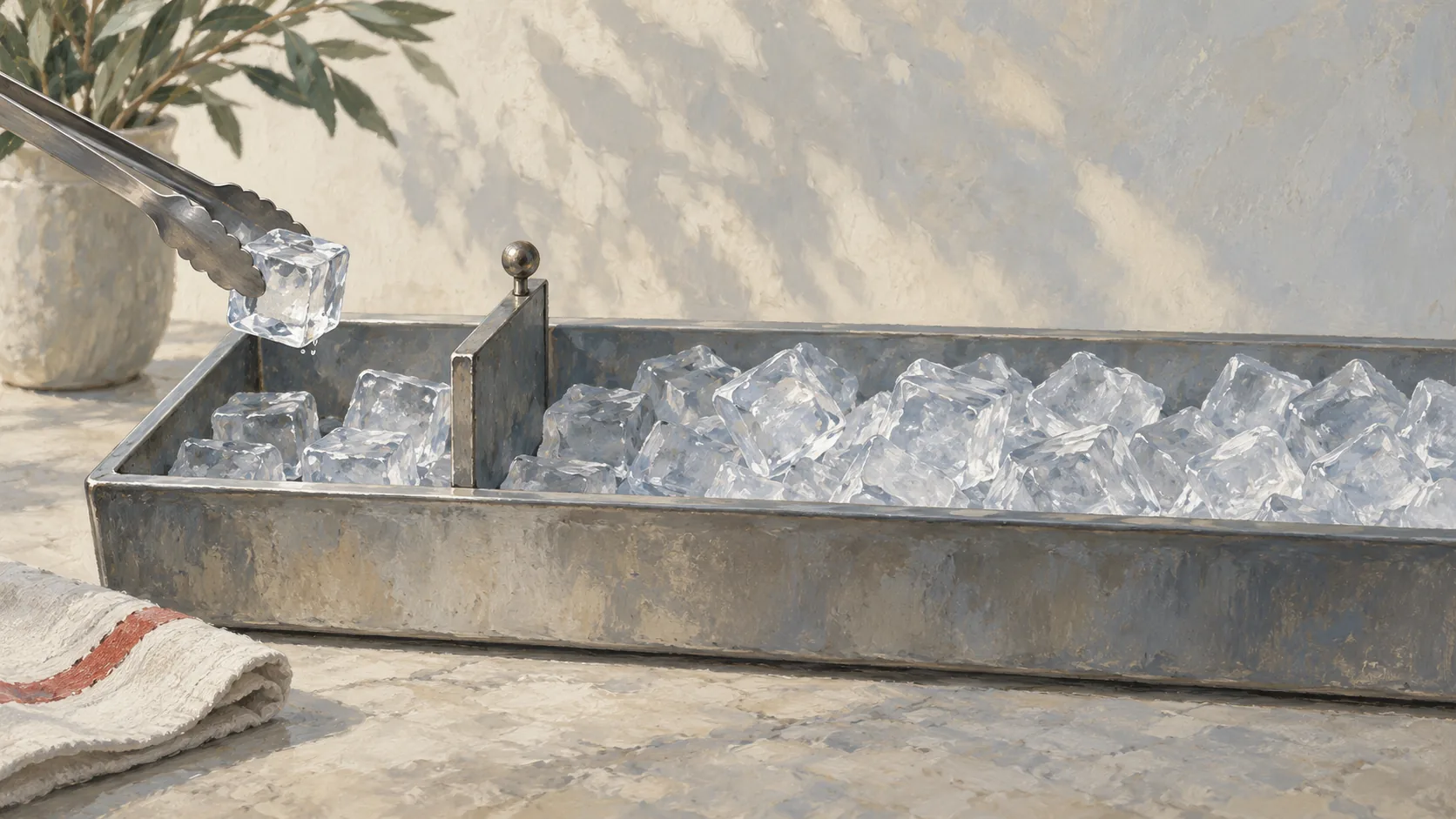 Ice tongs lifting a cube from one side of a fixed trough divider