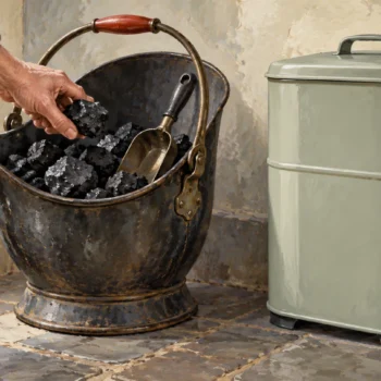 An old coal scuttle still holding fuel beside a newer container