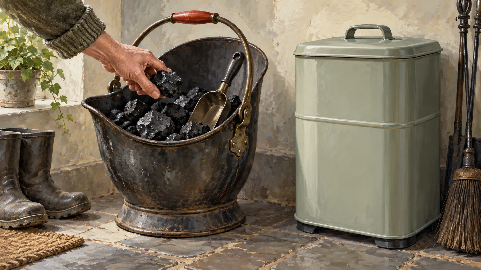 An old coal scuttle still holding fuel beside a newer container