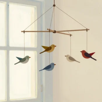 A finger nudging one carved bird on a hanging wooden mobile, making every other bird swing.