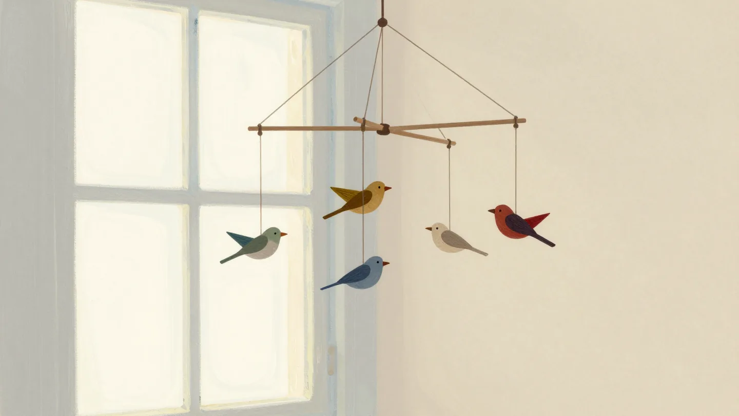 A finger nudging one carved bird on a hanging wooden mobile, making every other bird swing.
