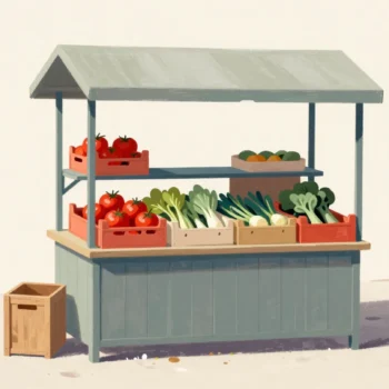 A roadside farm stall open for trade while a red crate of tomatoes is added at the back.
