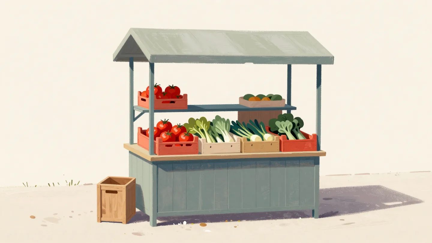 A roadside farm stall open for trade while a red crate of tomatoes is added at the back.