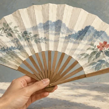 An open hand fan with many ribs connected to one shared pivot