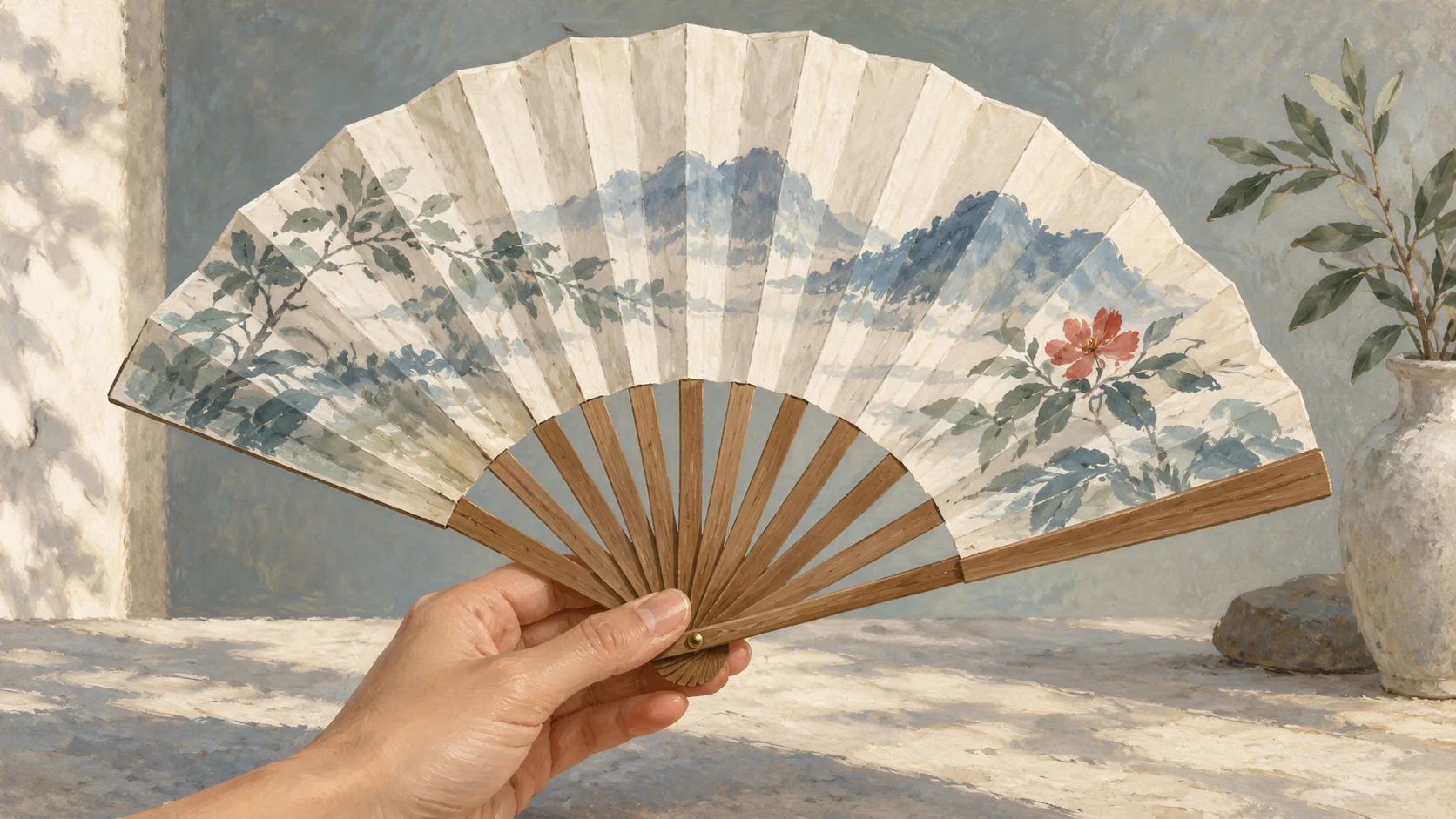 An open hand fan with many ribs connected to one shared pivot
