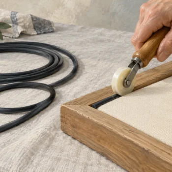 A spline roller seating one continuous cord with a remaining coil, loop, and tail