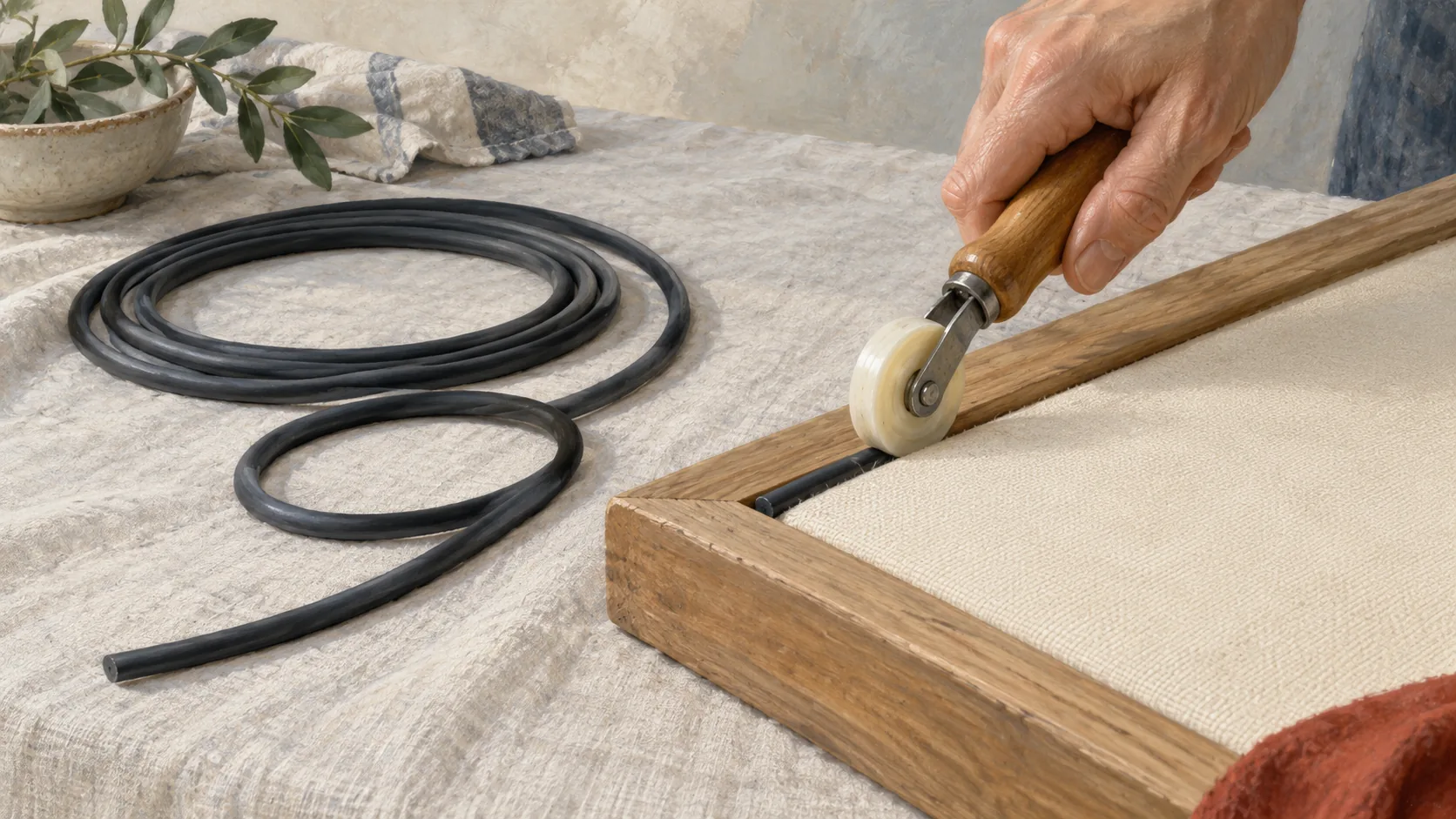 A spline roller seating one continuous cord with a remaining coil, loop, and tail