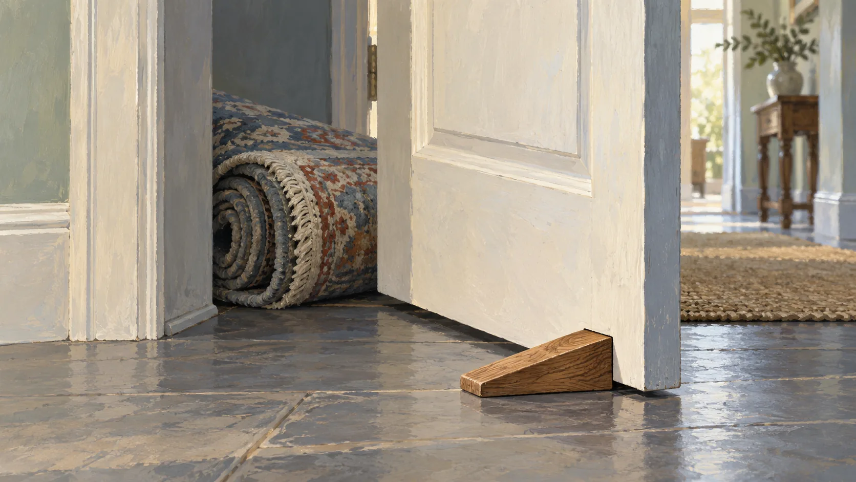 A doorstop holding an unattended heavy door and preventing a rug from passing