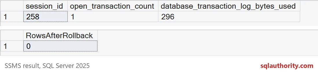 Open transaction and log-byte values followed by zero rows after rollback