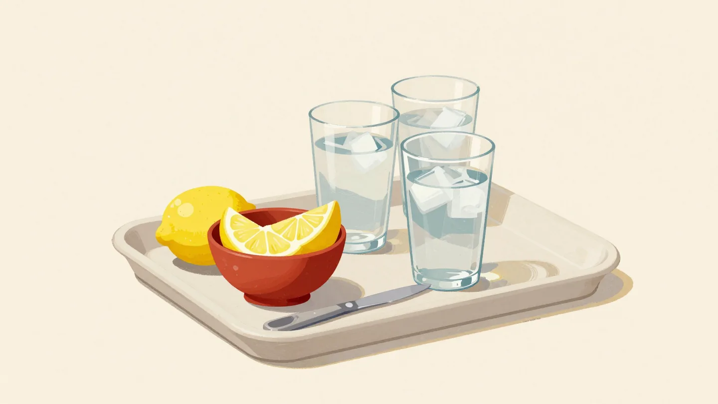 A drinks tray with a red bowl of ready-cut lemon wedges beside an uncut lemon and knife.