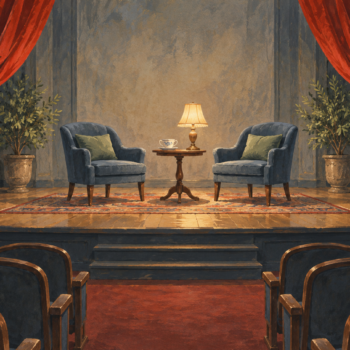 An empty theatre stage is prepared for a performance that has not begun