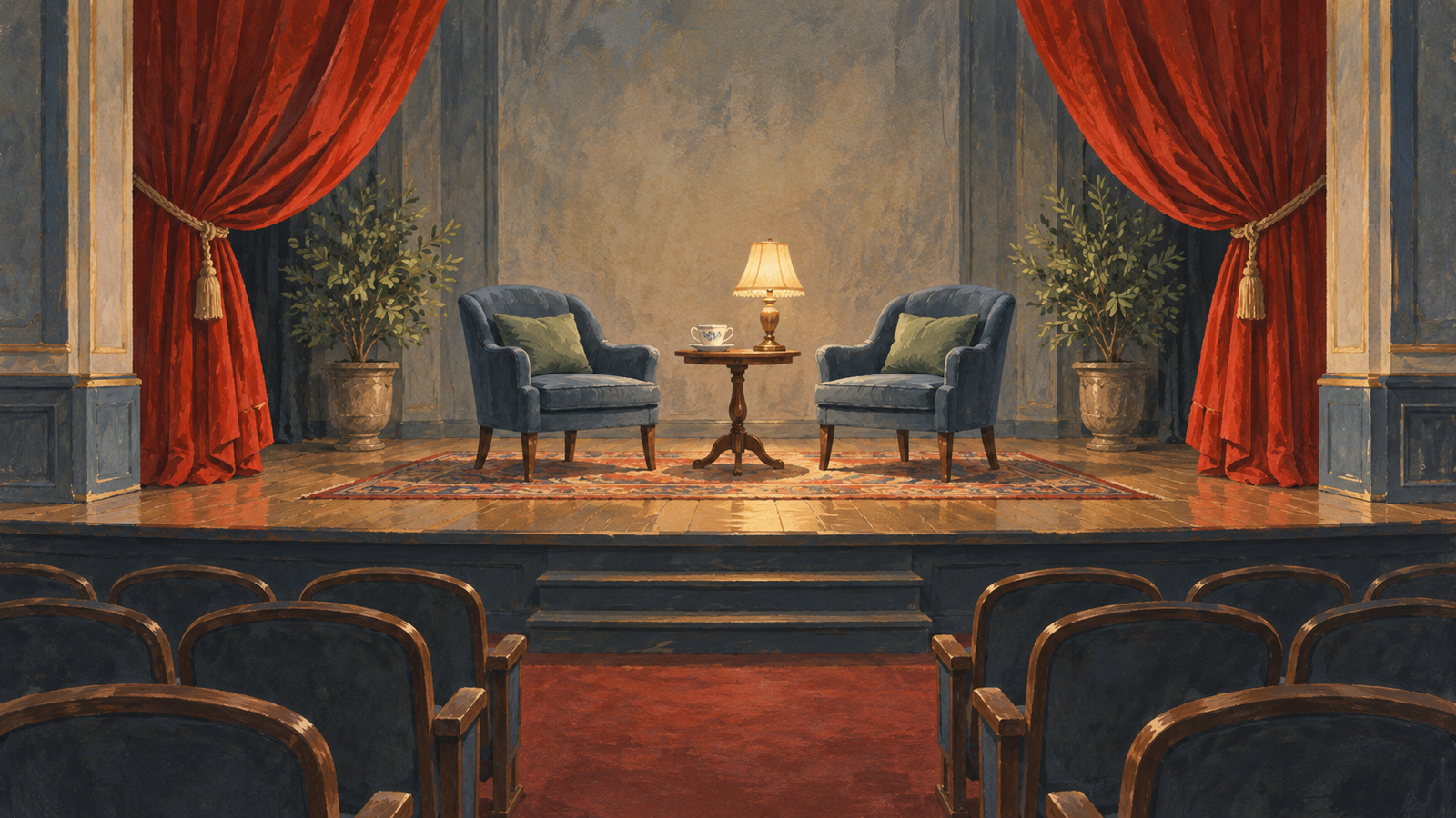An empty theatre stage is prepared for a performance that has not begun
