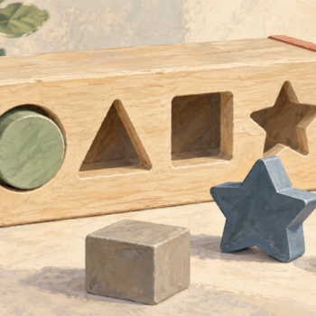 A round wooden piece fits its matching opening while other shapes need different openings