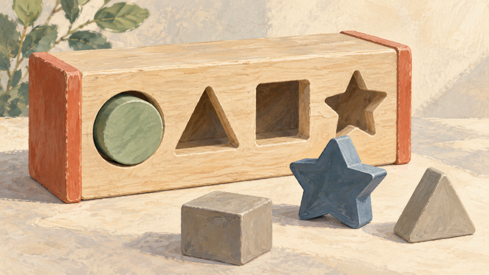A round wooden piece fits its matching opening while other shapes need different openings