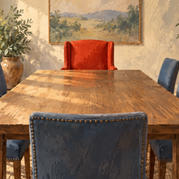 Different chairs surround one table, with a distinct chair at its head
