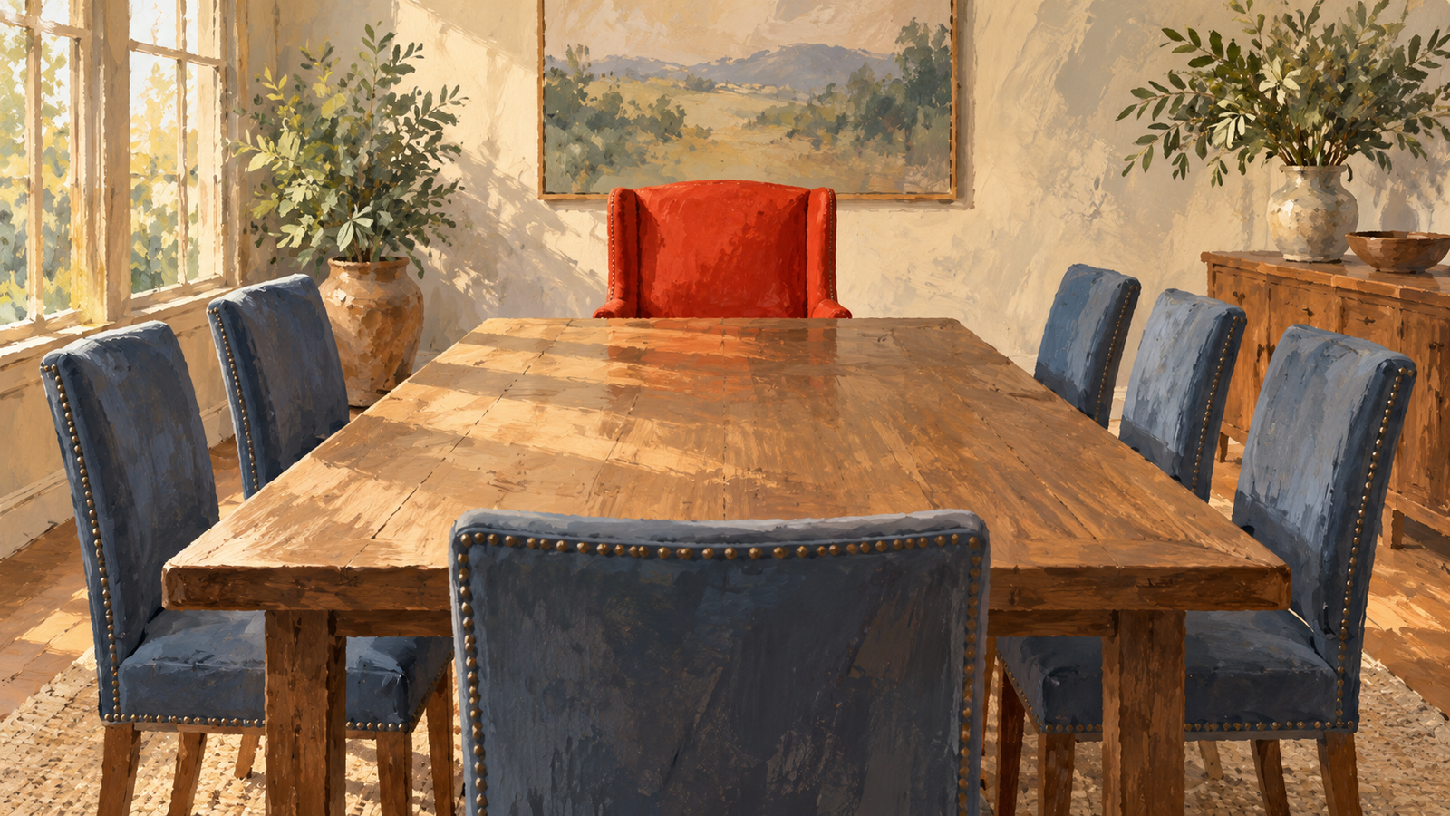 Different chairs surround one table, with a distinct chair at its head