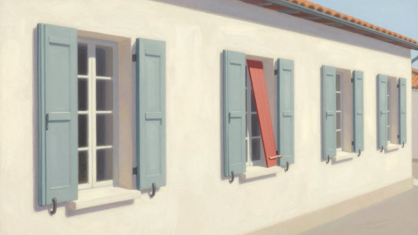 A row of window shutters with most slats at one angle and two set differently, a hand resting on one