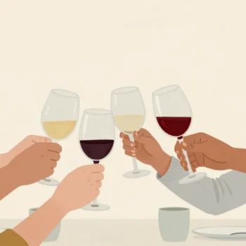 Several hands raising wine glasses over a dinner table, clinking every glass against each of the others.
