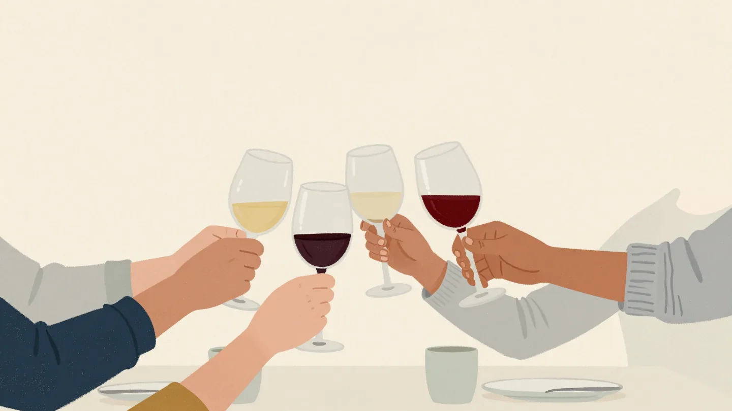 Several hands raising wine glasses over a dinner table, clinking every glass against each of the others.