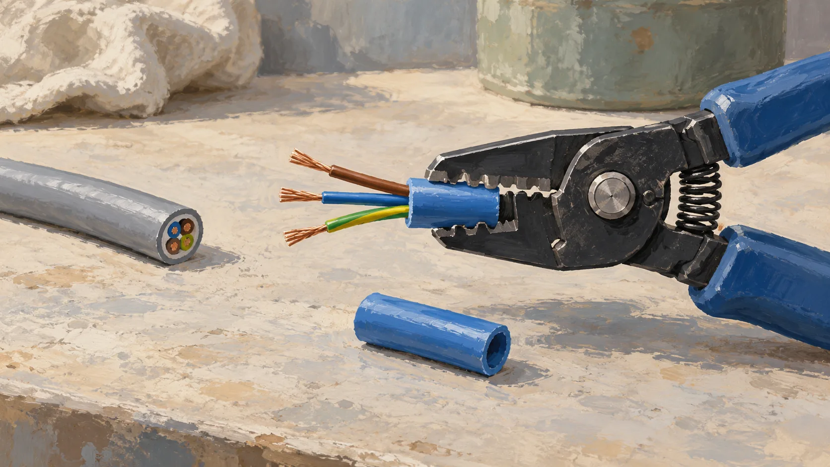 A wire stripper beside a transformed cable section and its removed outer sleeve
