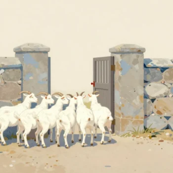 Goats crowding one narrow gate in a stone wall while a second gate with a red latch stands open