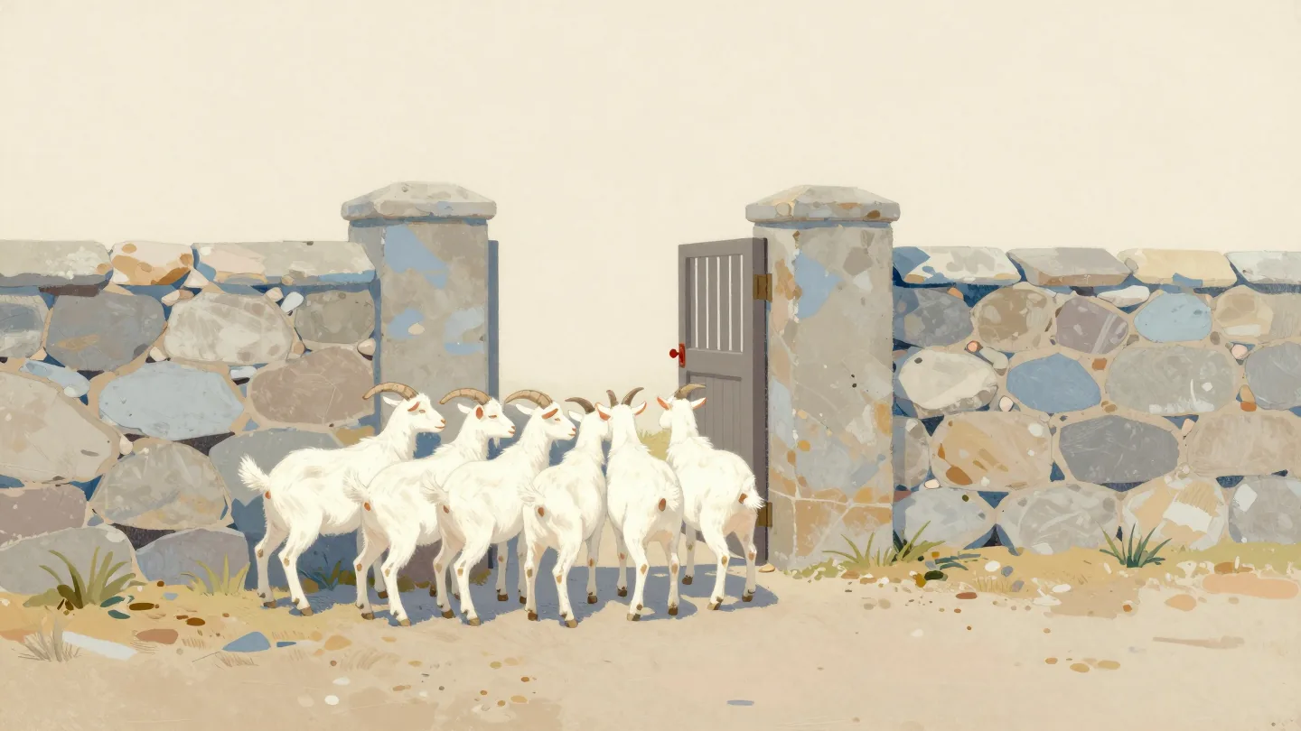 Goats crowding one narrow gate in a stone wall while a second gate with a red latch stands open