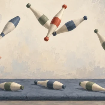 Juggling clubs sharing the air while completed clubs rest on a padded mat