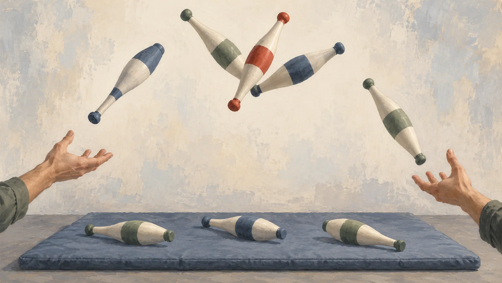 Juggling clubs sharing the air while completed clubs rest on a padded mat