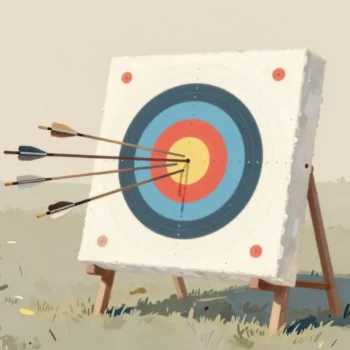 An archery target with four nested rings in a field, one arrow in the red center and others in outer rings