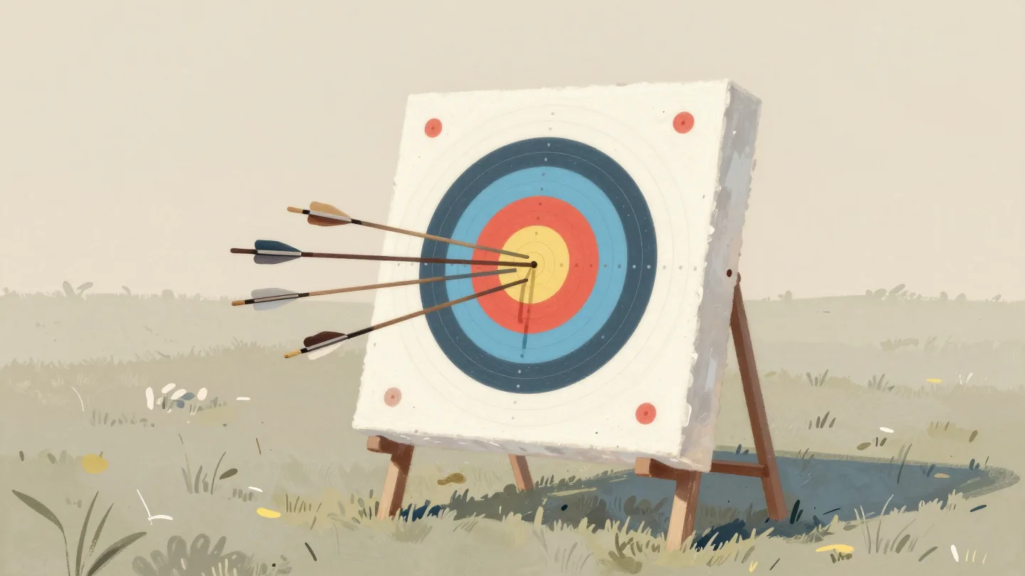 An archery target with four nested rings in a field, one arrow in the red center and others in outer rings