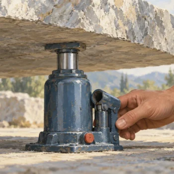 A small bottle jack supporting a large stone slab with its contact points visible