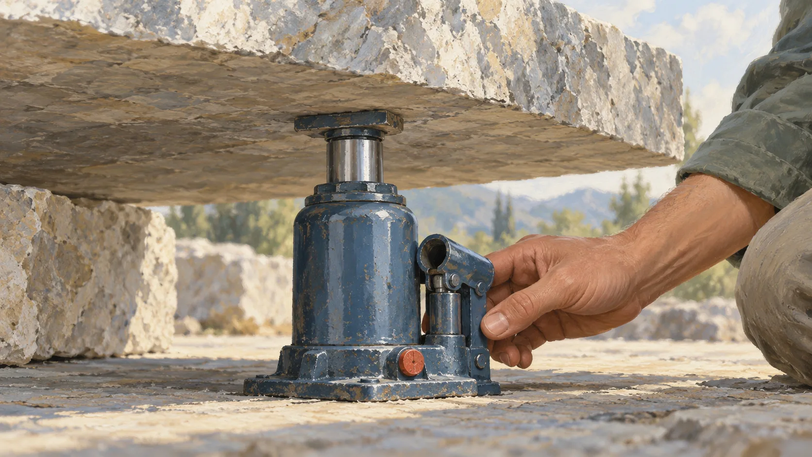 A small bottle jack supporting a large stone slab with its contact points visible