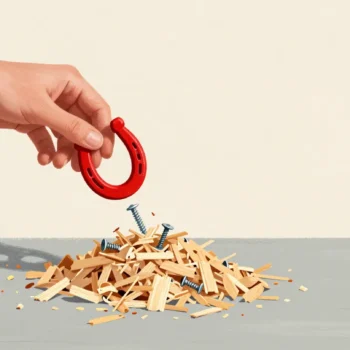 A red horseshoe magnet lifting screws and nails out of a pile of sawdust on a workbench